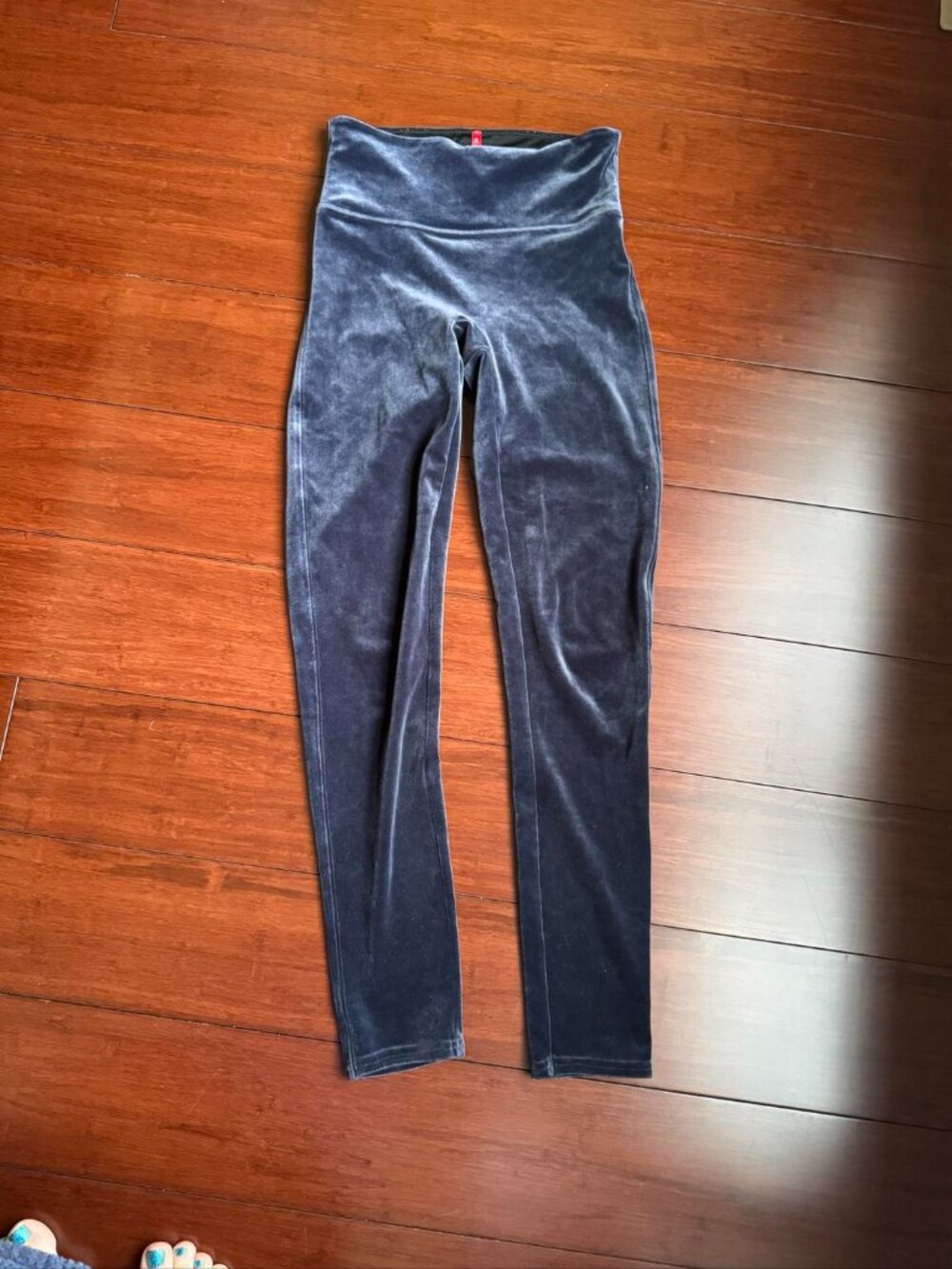 Spanx Velvet Leggings Slate Blue High Rise Wide Waistband Size S